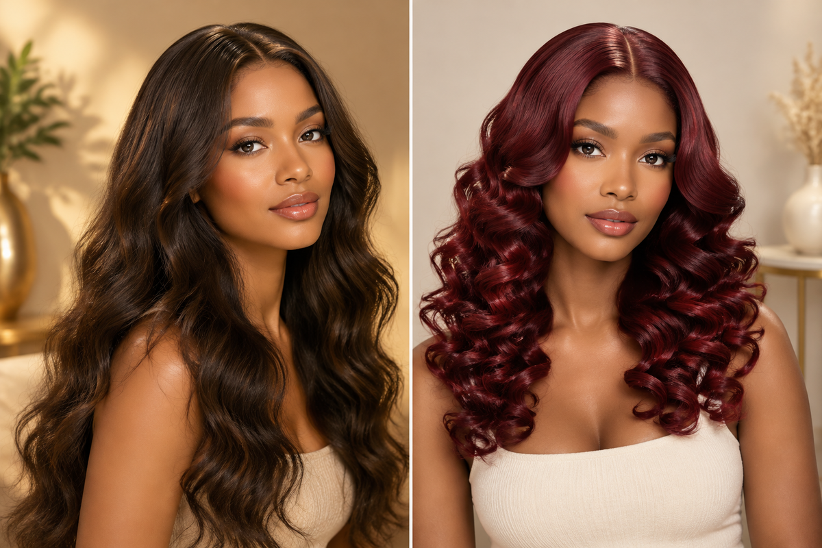 Two styled wigs on matching stands beside a wide-tooth comb on a cream-colored table.