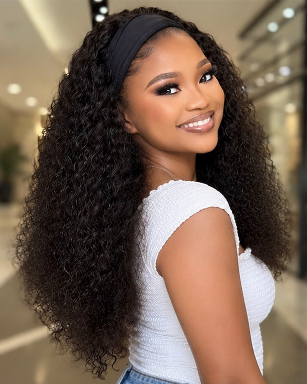 22 Inch Water Curly Headband Wig Side View