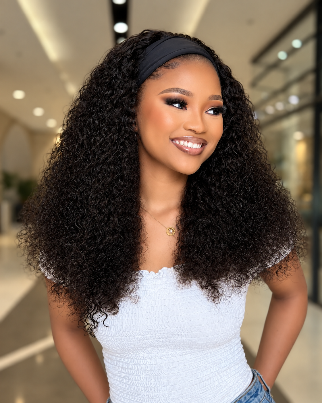 22 Inch Water Curly Headband Wig Side View