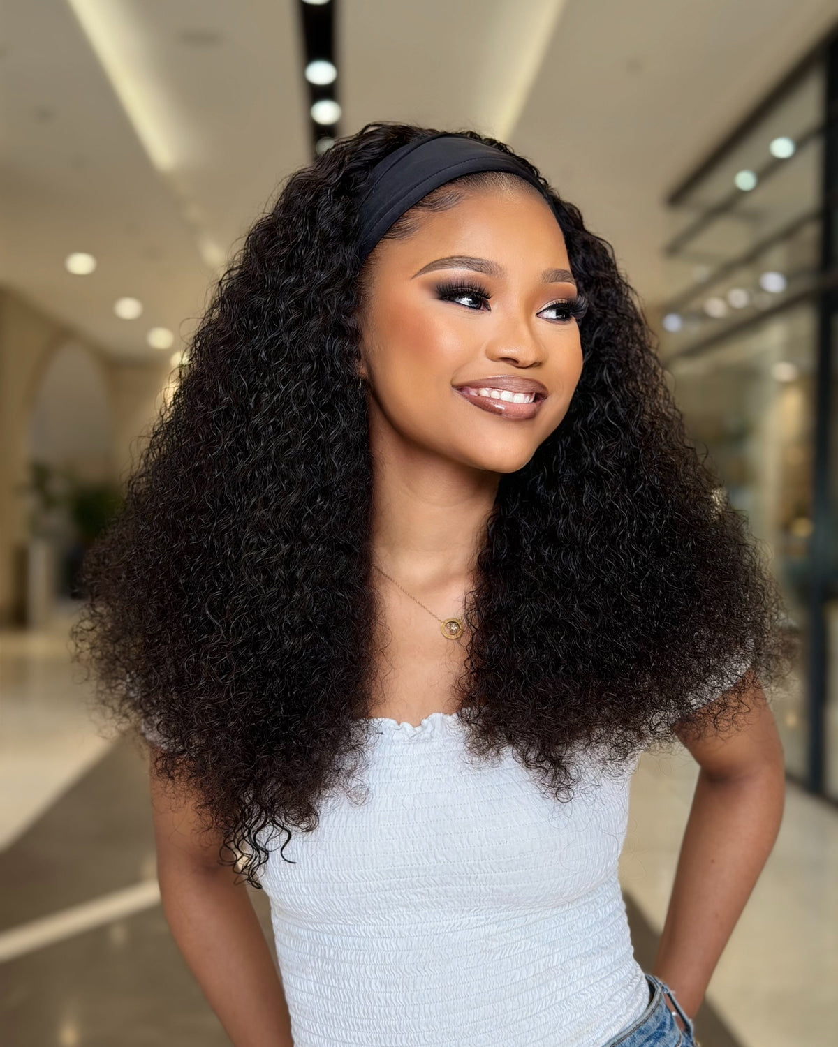 22 Inch Water Curly Headband Wig Human Hair Front View 