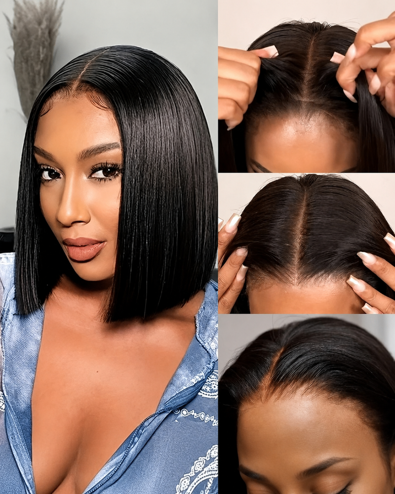 Pre-Bleached 5X5 Glueless Human Hair Bob Wig  Side view 