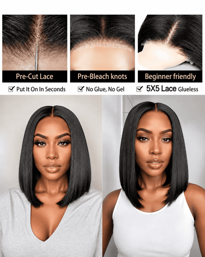 Pre-Bleached 5X5 Glueless Human Hair Bob Wig Front View 
