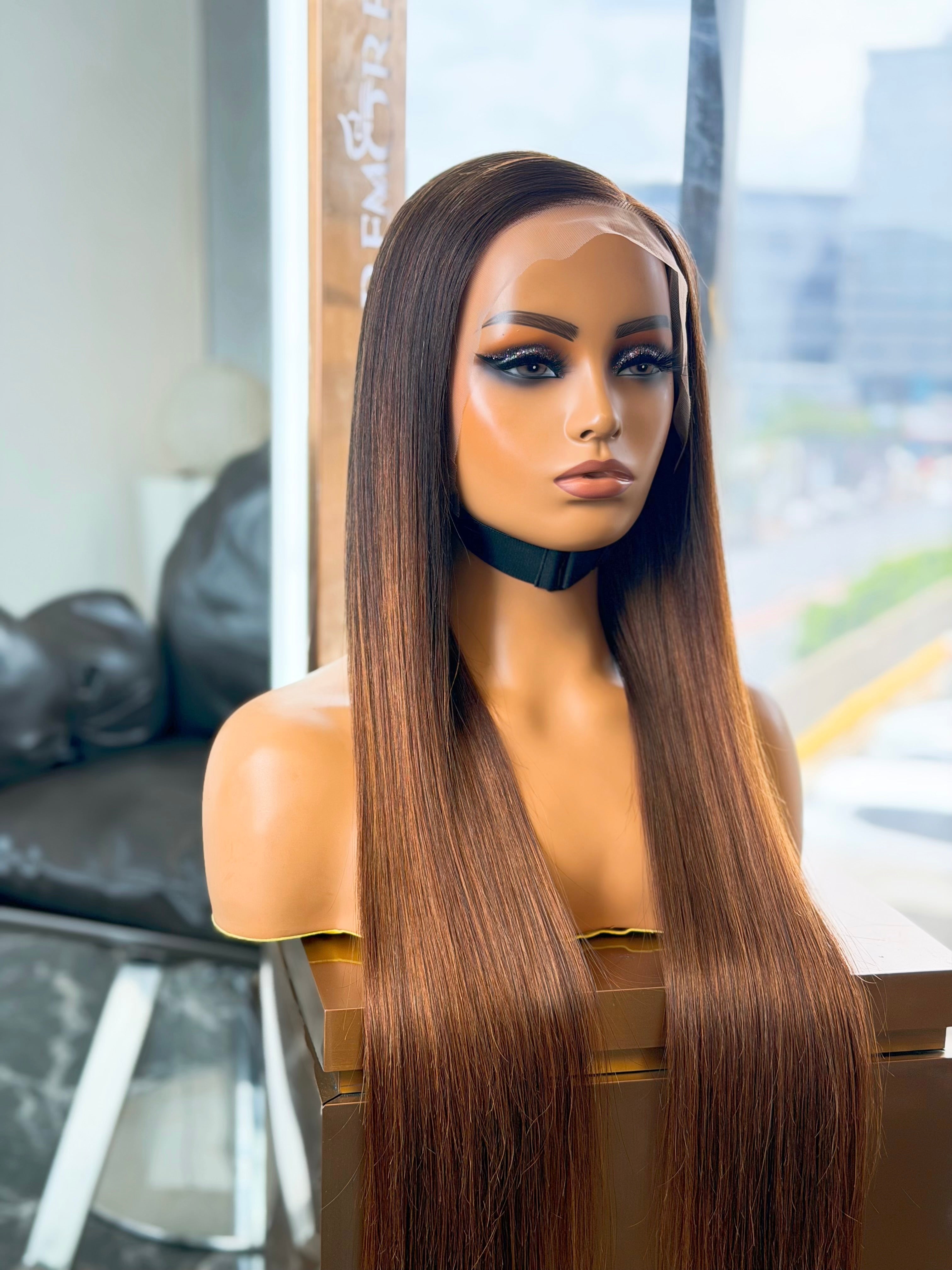 28 Inch Ombre Chocolate Brown Straight Frontal Human Hair Wig