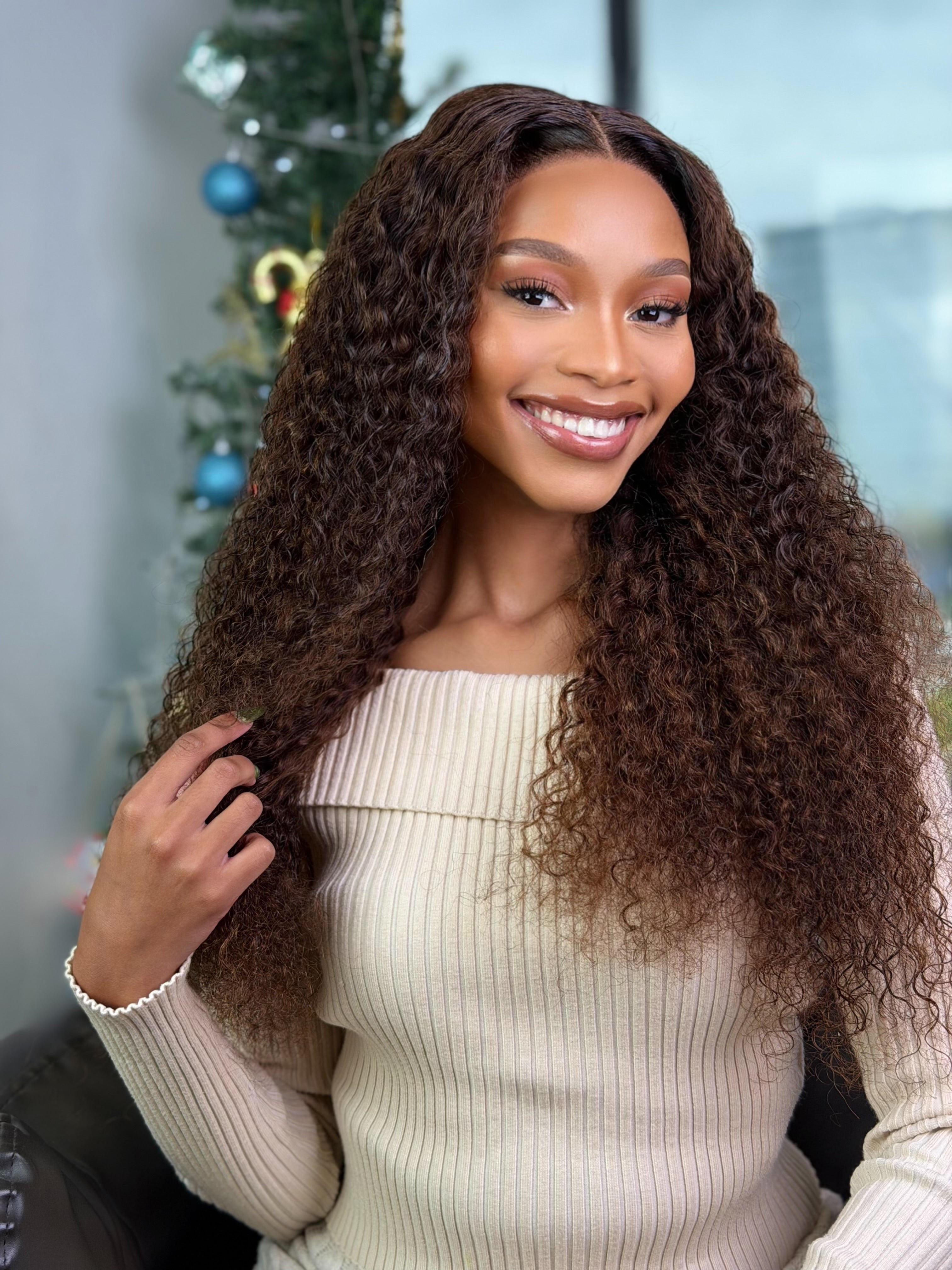 24 Inch Brown Water Curly Glueless Human Hair Wig