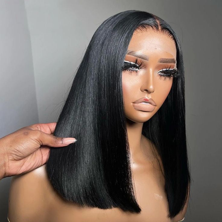 10 inch pre-bleached HD lace frontal bob wig side view with smooth straight human hair