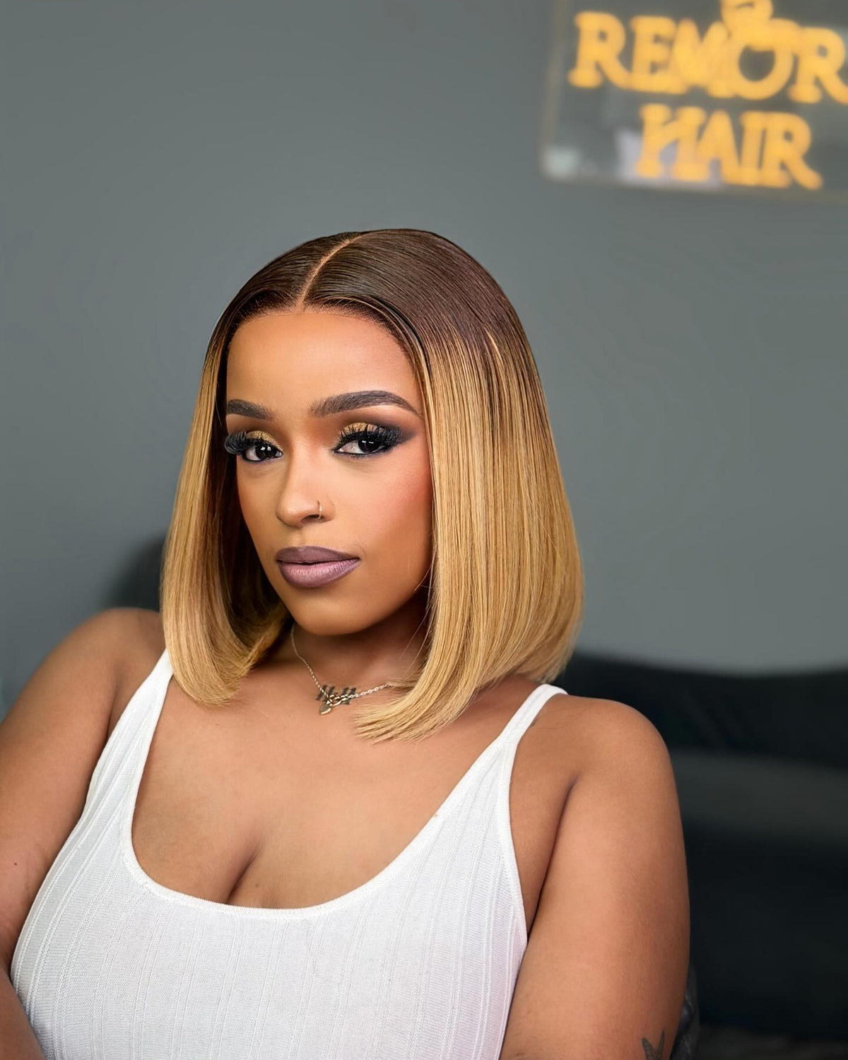 Sleek Blonde Ombre Glueless Bob Wig Human Hair Front View