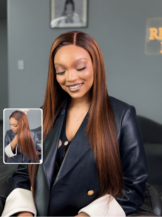 24 Inch Brown Highlight Glueless Straight Human Hair Wig Motion View