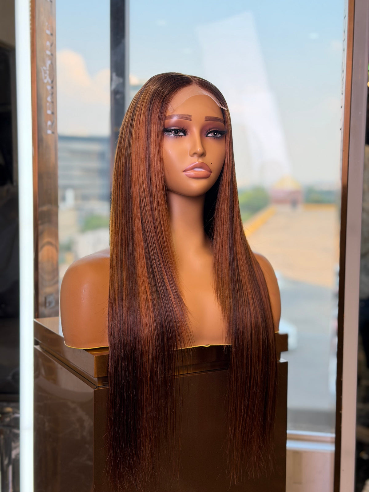 24 Inch Brown Highlight Glueless Straight Human Hair Wig Side View