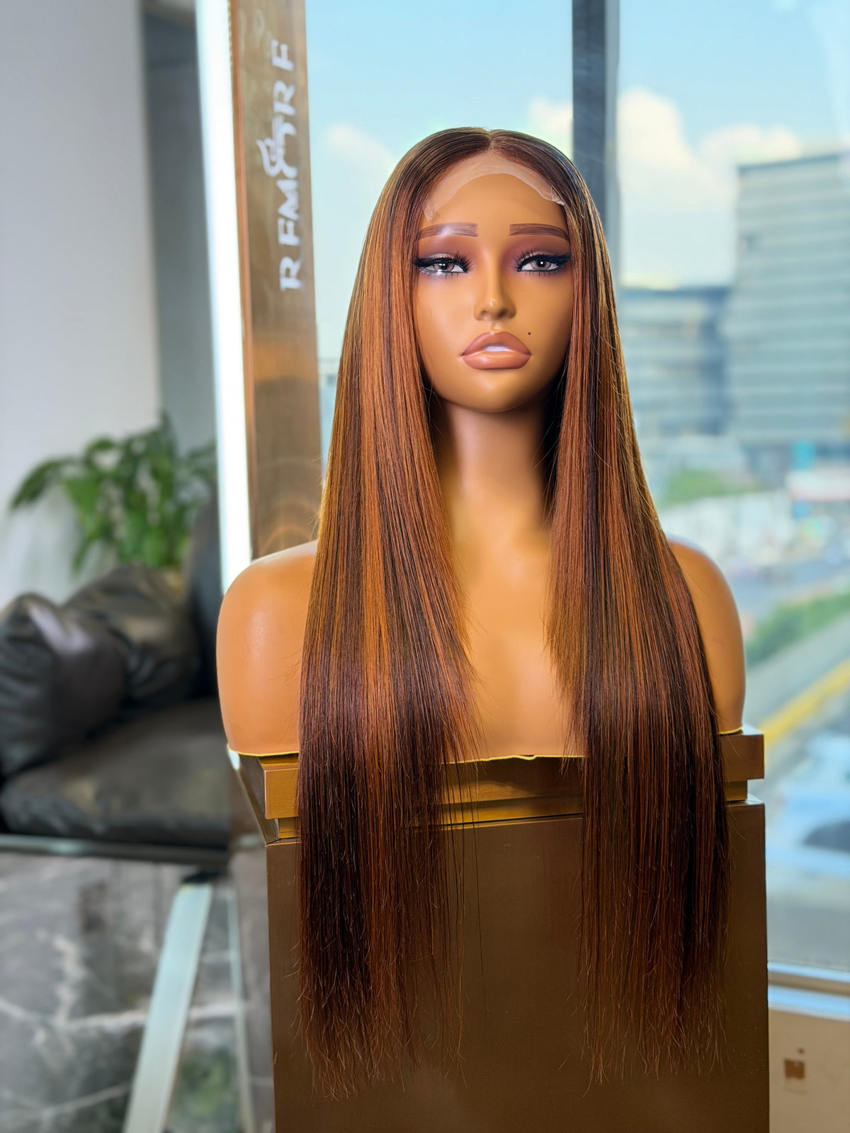 24 Inch Brown Highlight Glueless Straight Human Hair Wig Front View