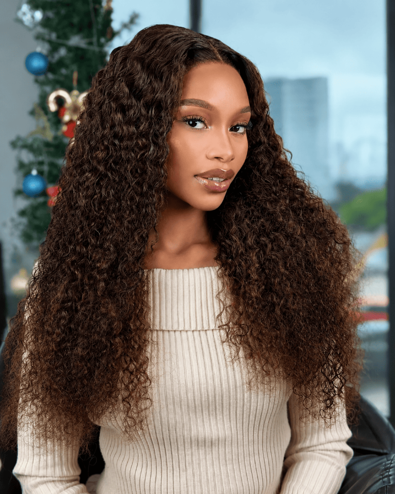 24 Inch Brown Water Curly Glueless Human Hair Wig Side View 