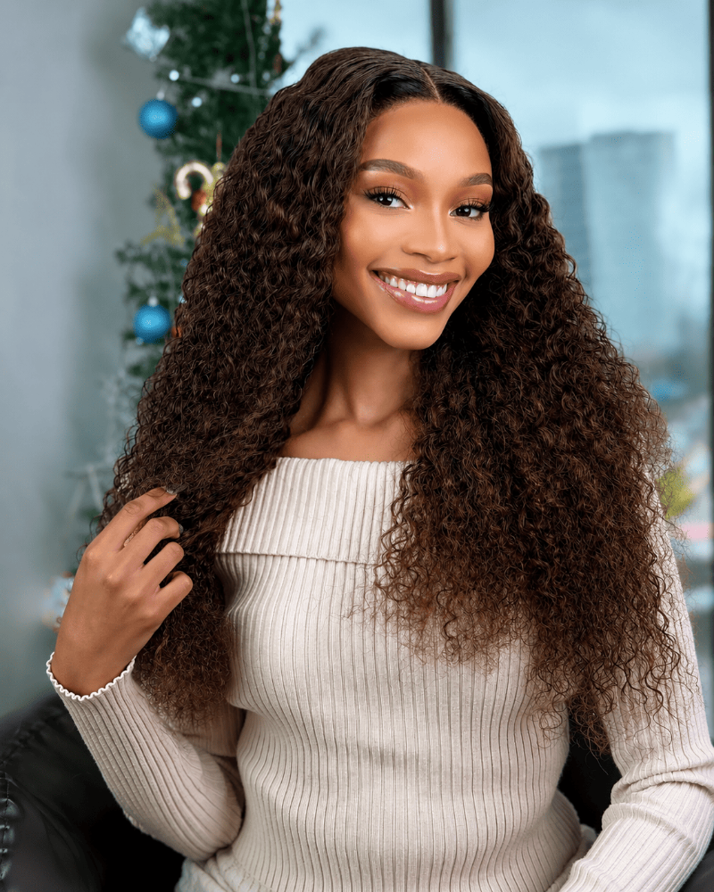 24 Inch Brown Water Curly Glueless Human Hair Wig Front View 