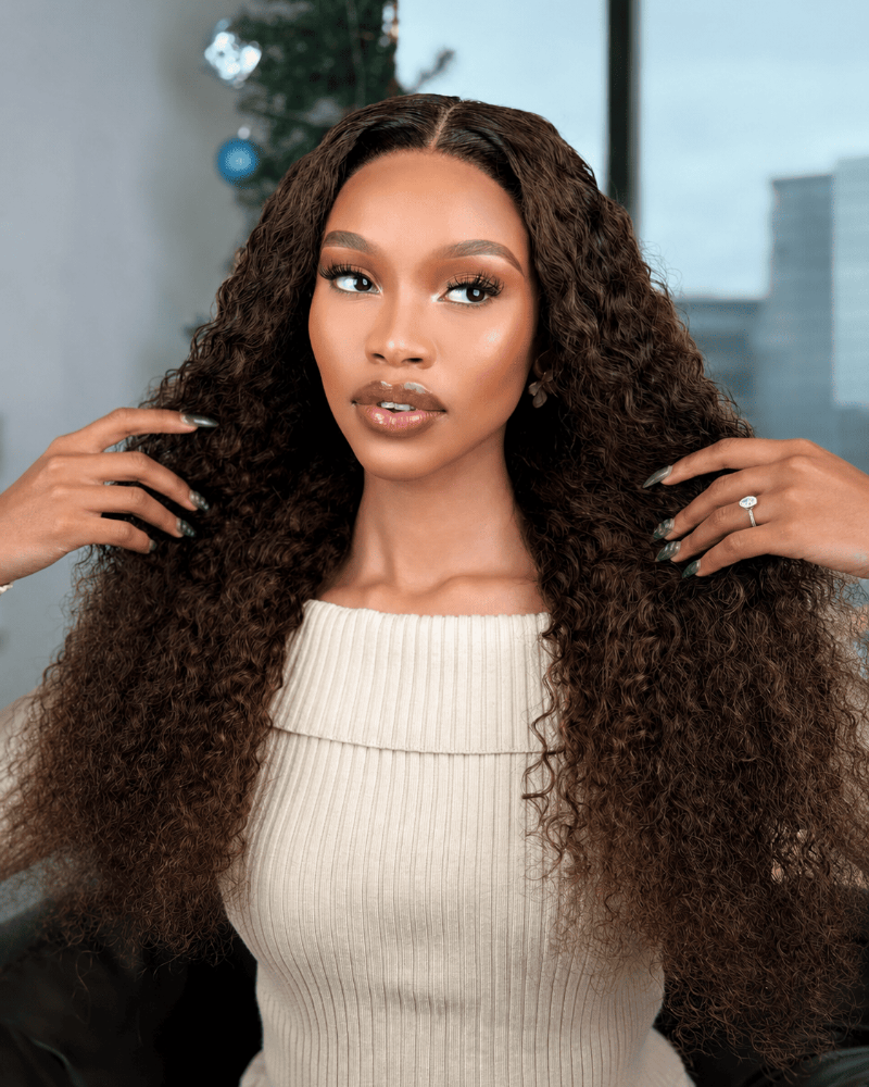 24 Inch Brown Water Curly Glueless Human Hair Wig Front View 