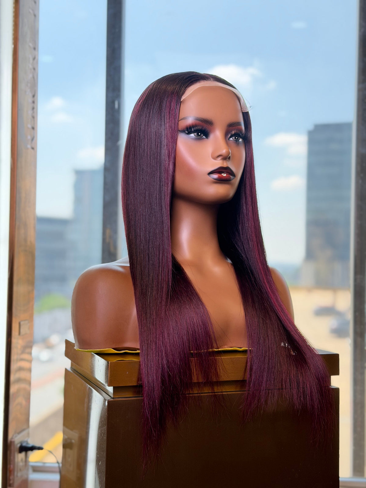 20 Inch Burgundy Straight Wear & Go Human Hair Wig Side View 
