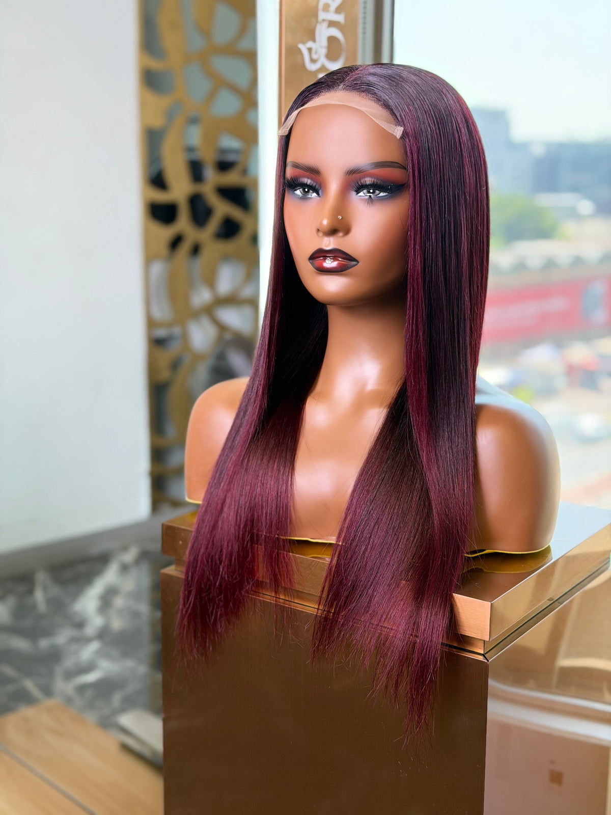 20 Inch Burgundy Straight Wear & Go Human Hair Wig Left View 