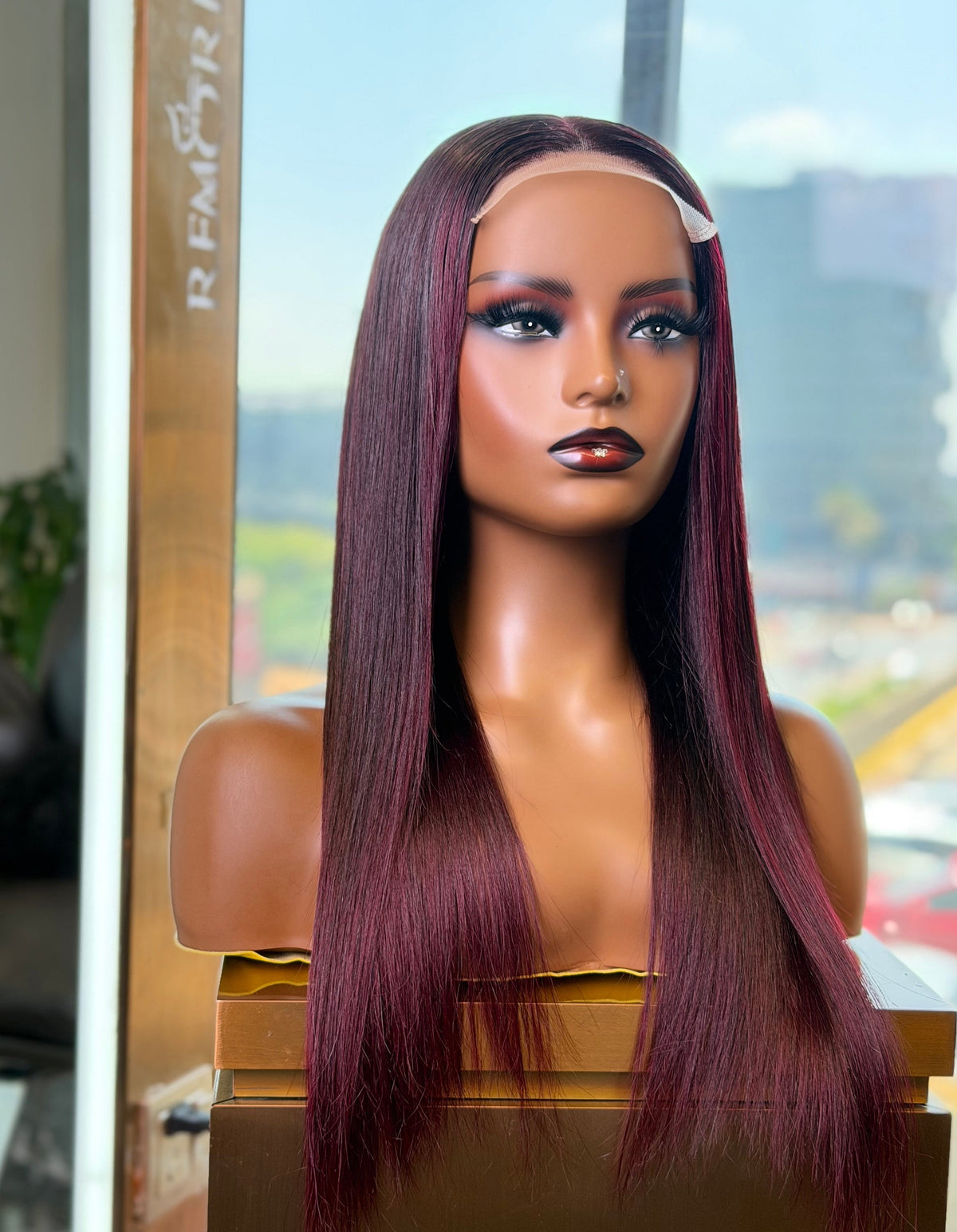 20 Inch Burgundy Straight Wear & Go Human Hair Wig Front View 