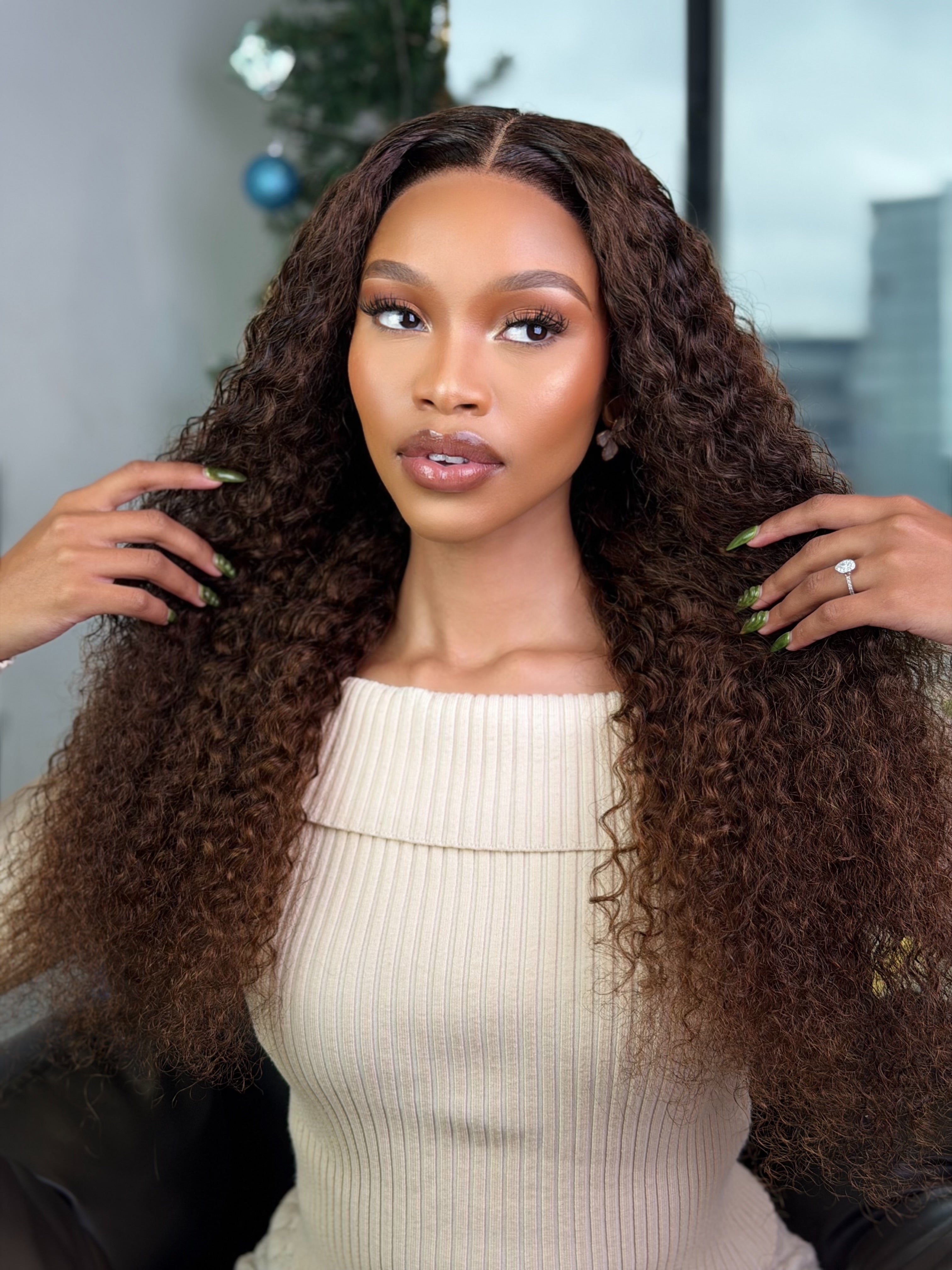 24 Inch Brown Water Curly Glueless Human Hair Wig