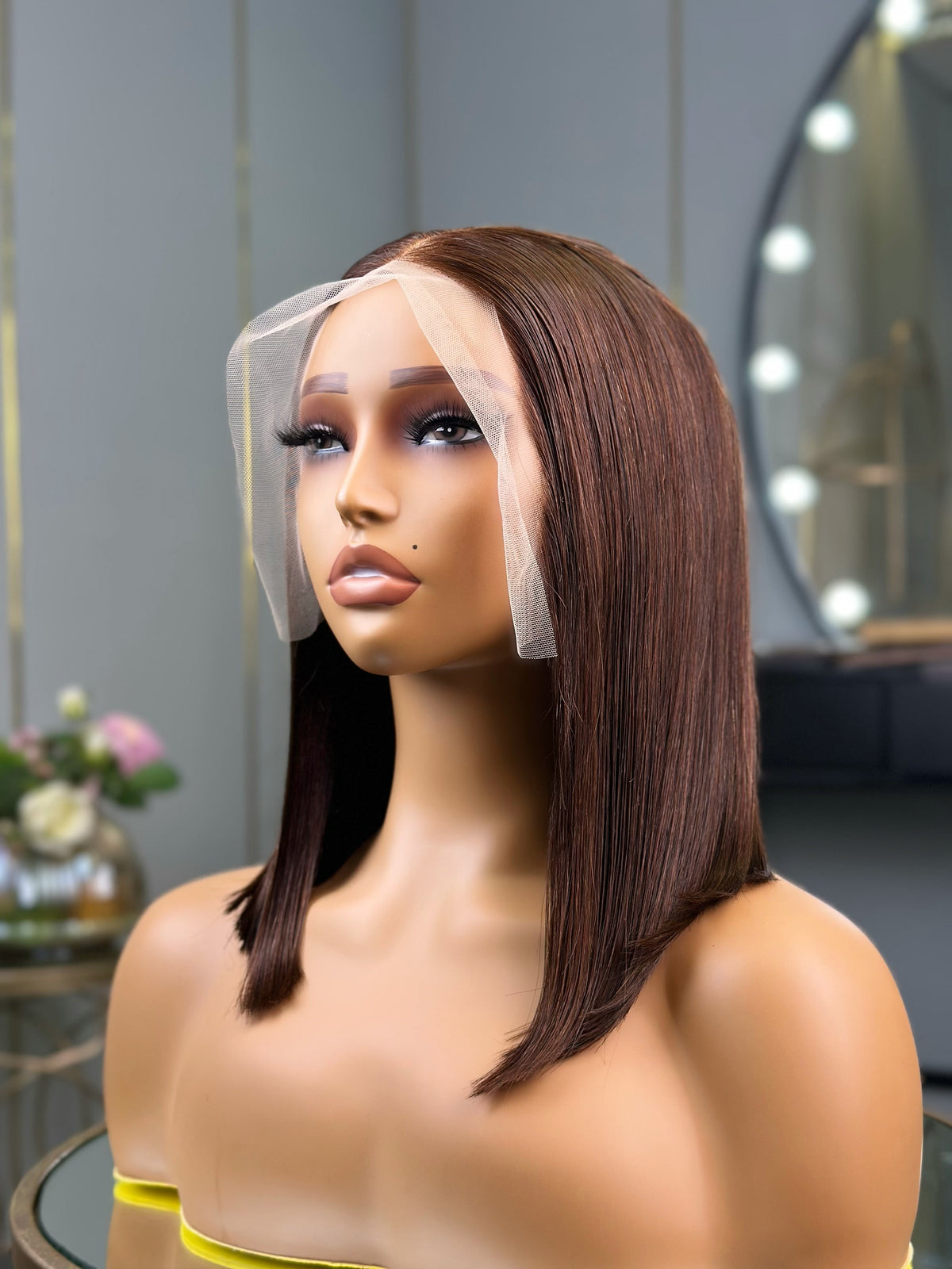 Chocolate Brown Frontal Human Hair Bob Wig  Side View