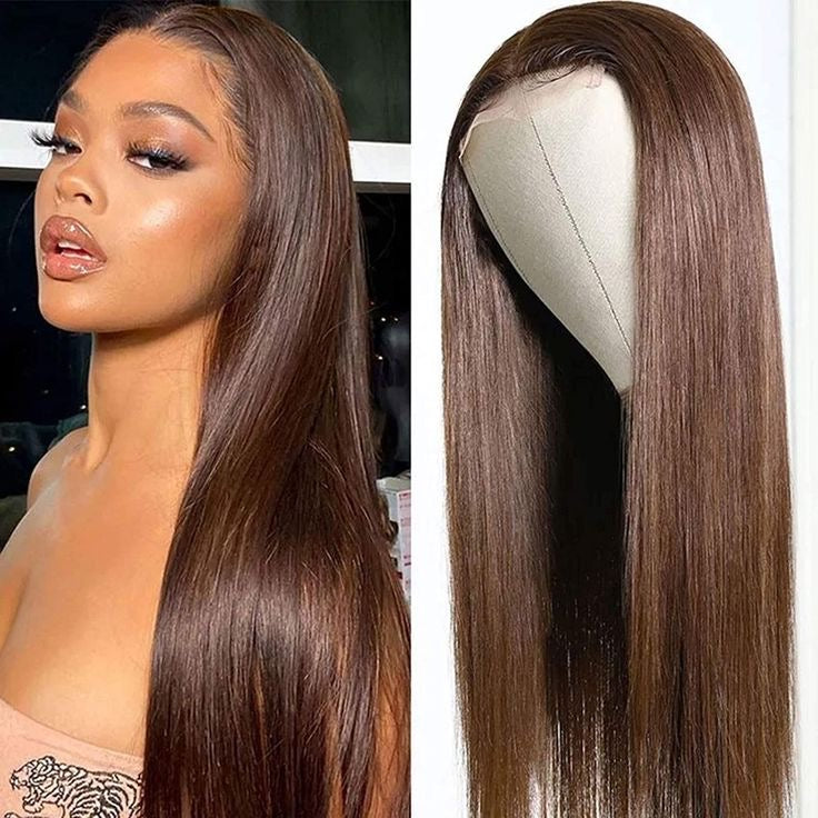 Chocolate Brown Straight Lace Frontal Human Hair Wig Left View 