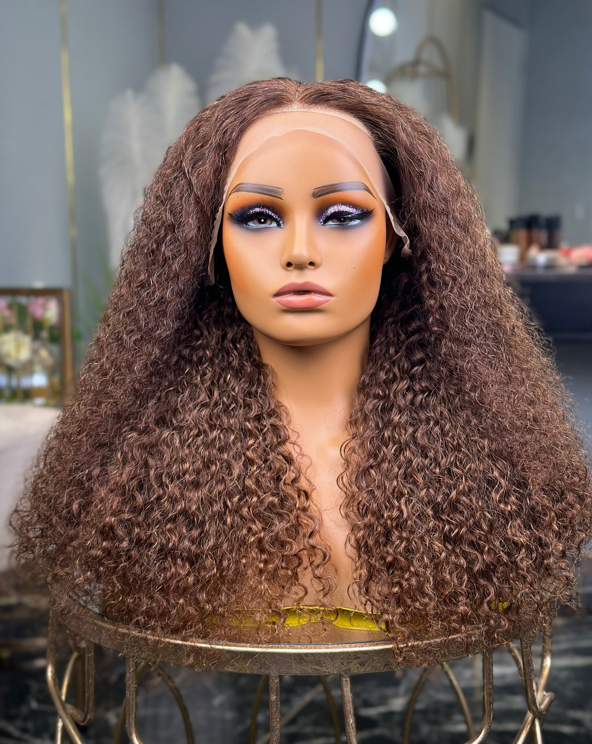 26 inch chocolate brown curly human hair wig Front View
