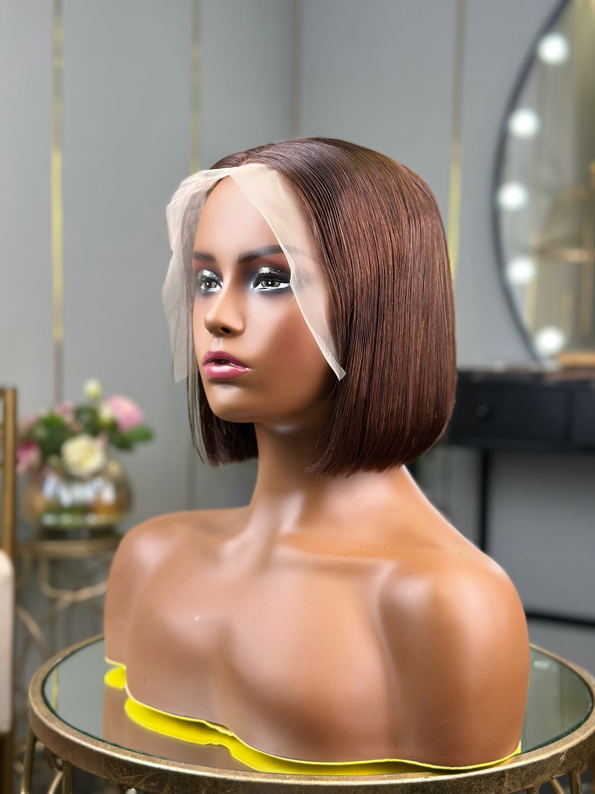 Chocolate Brown Frontal Human Hair Bob Wig Left View 