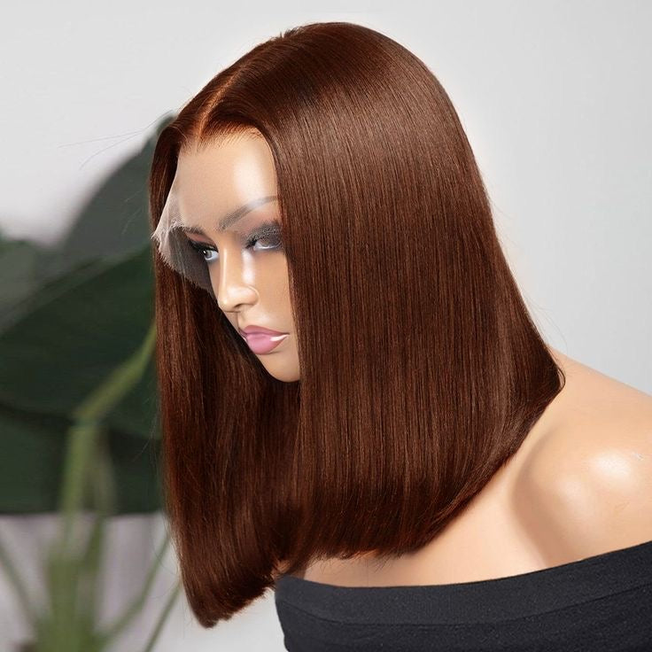 Chocolate Brown Frontal Human Hair Bob Wig Left View 
