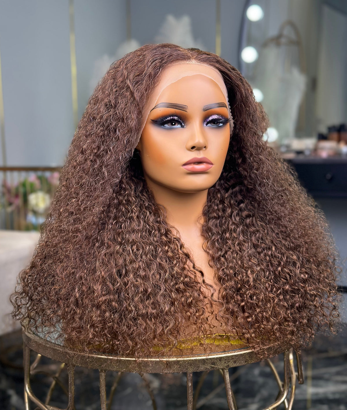 26 inch chocolate brown curly human hair wig Side  View
