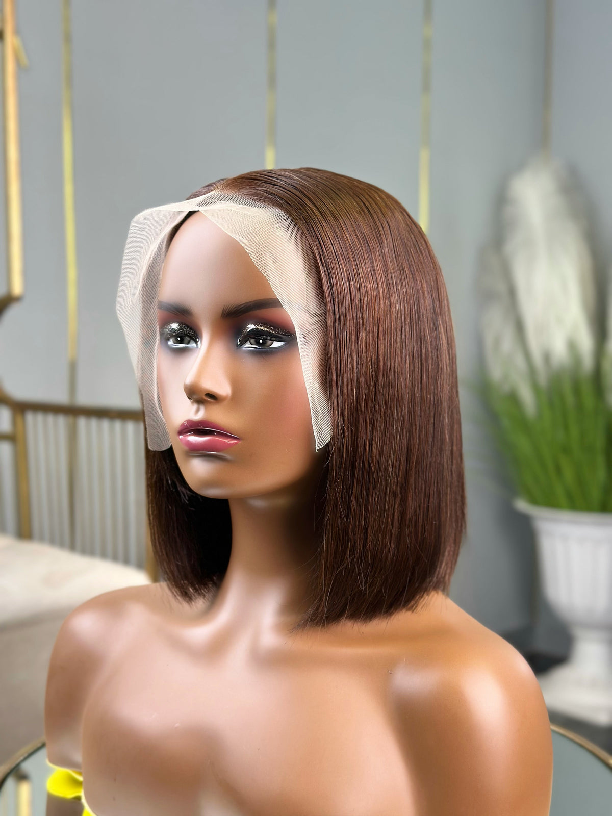 Chocolate Brown Frontal Human Hair Bob Wig Side View 