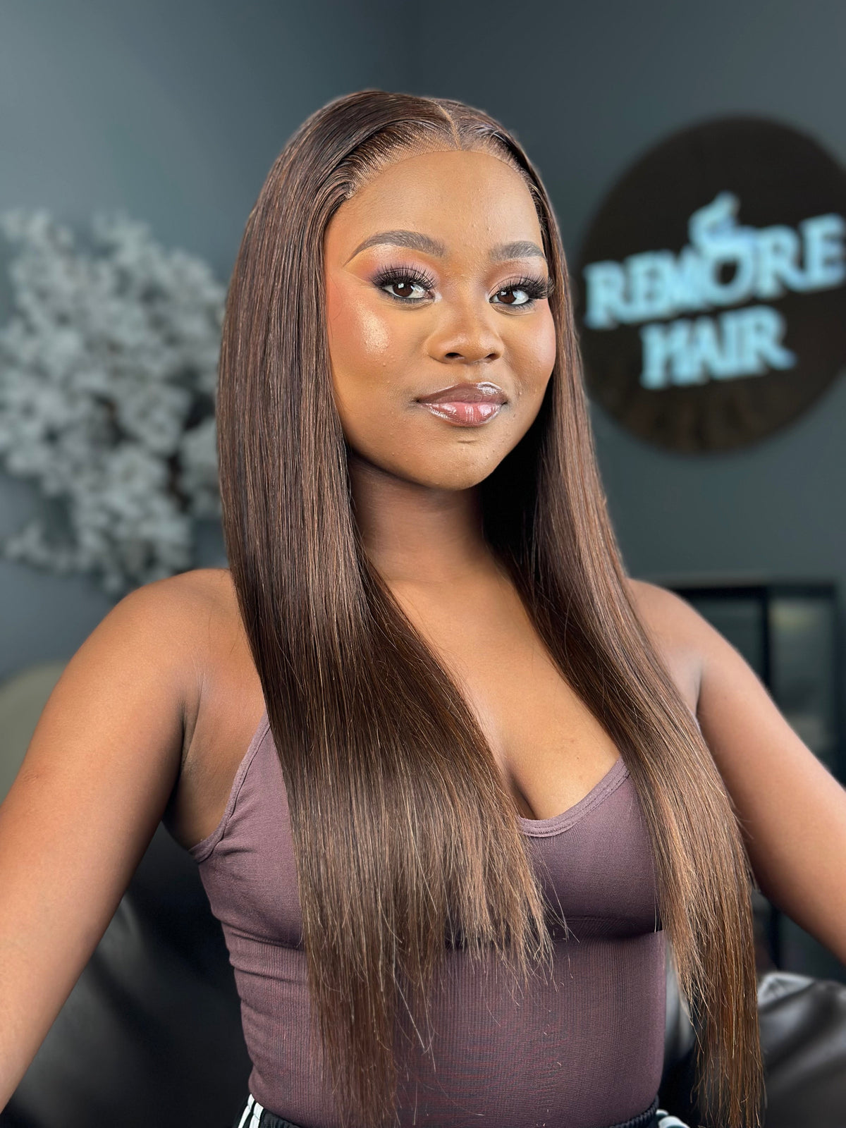 22 Inch Dark Brown Glueless Straight Human Hair Wig Front View 