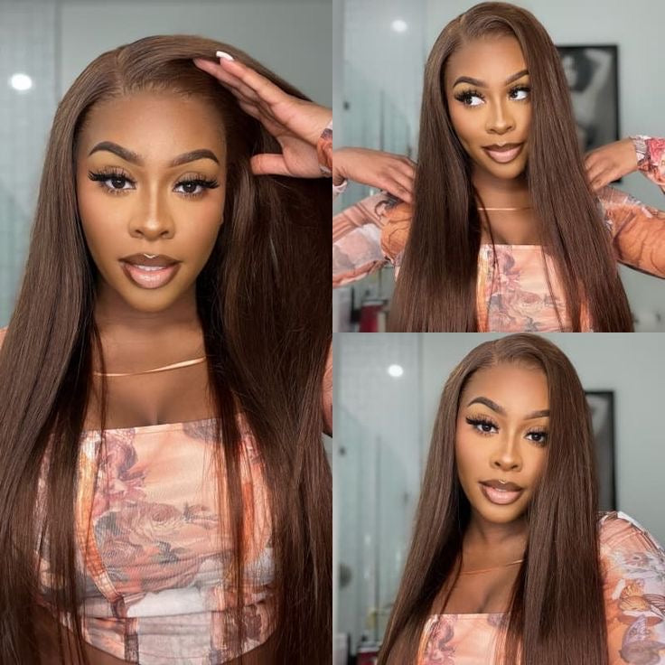 22 Inch Dark Brown Glueless Straight Human Hair Wig Front View  Front View
