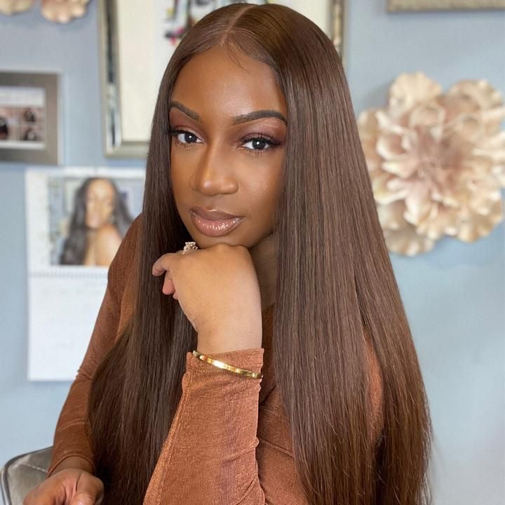 22 Inch Dark Brown Glueless Straight Human Hair Wig Side View 