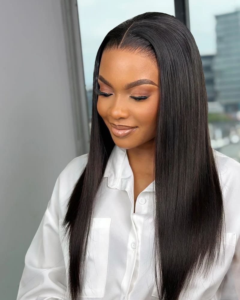 HD Transparent Lace Pre- Bleached Straight  Frontal Wig Human Hair Side View 