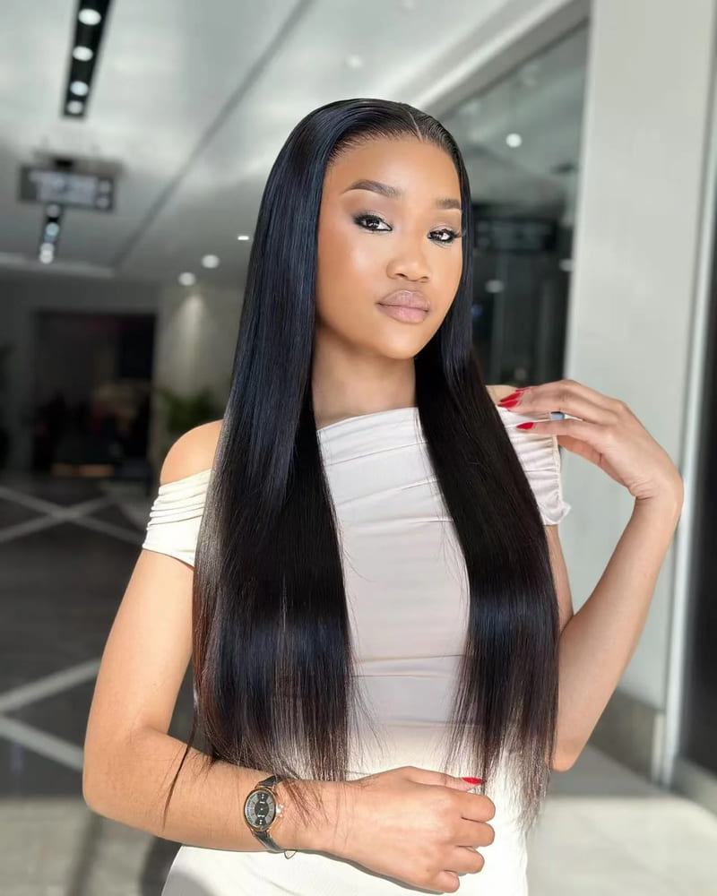 HD Transparent Lace Pre- Bleached Straight  Frontal Wig Human Hair Front View 