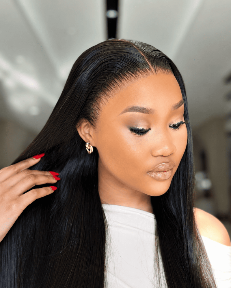 HD Transparent Lace Pre- Bleached Straight  Frontal Wig Human Hair Side View 