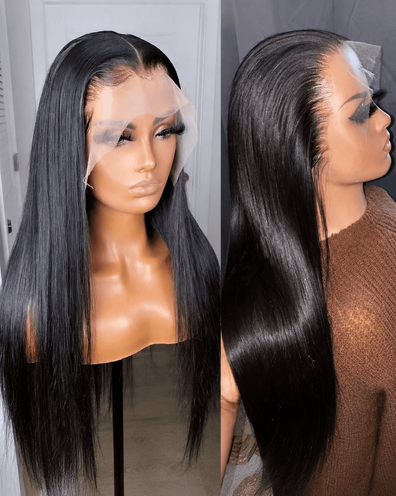 HD Transparent Lace Pre- Bleached Straight  Frontal Wig Human Hair Side View 