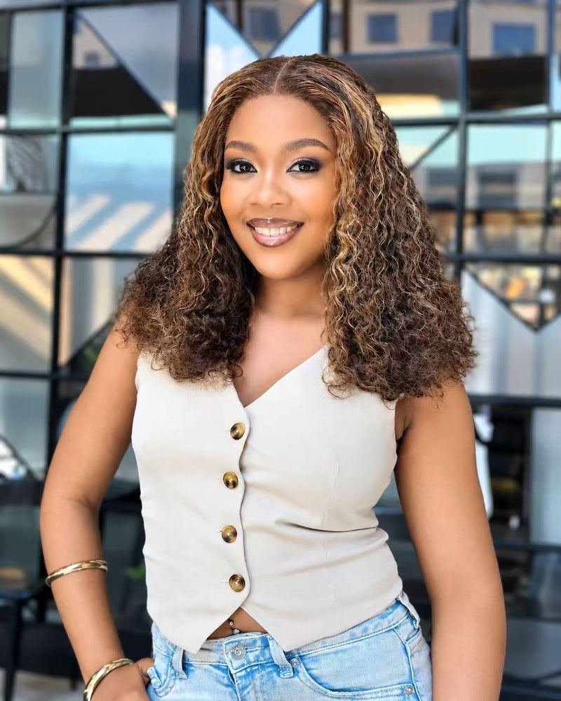 18 Inch Highlight Curly Glueless Human Hair Wig Front View