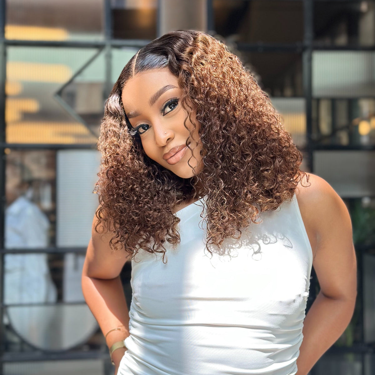 14 inch honey brown curly glueless   Curly wig  Side View 