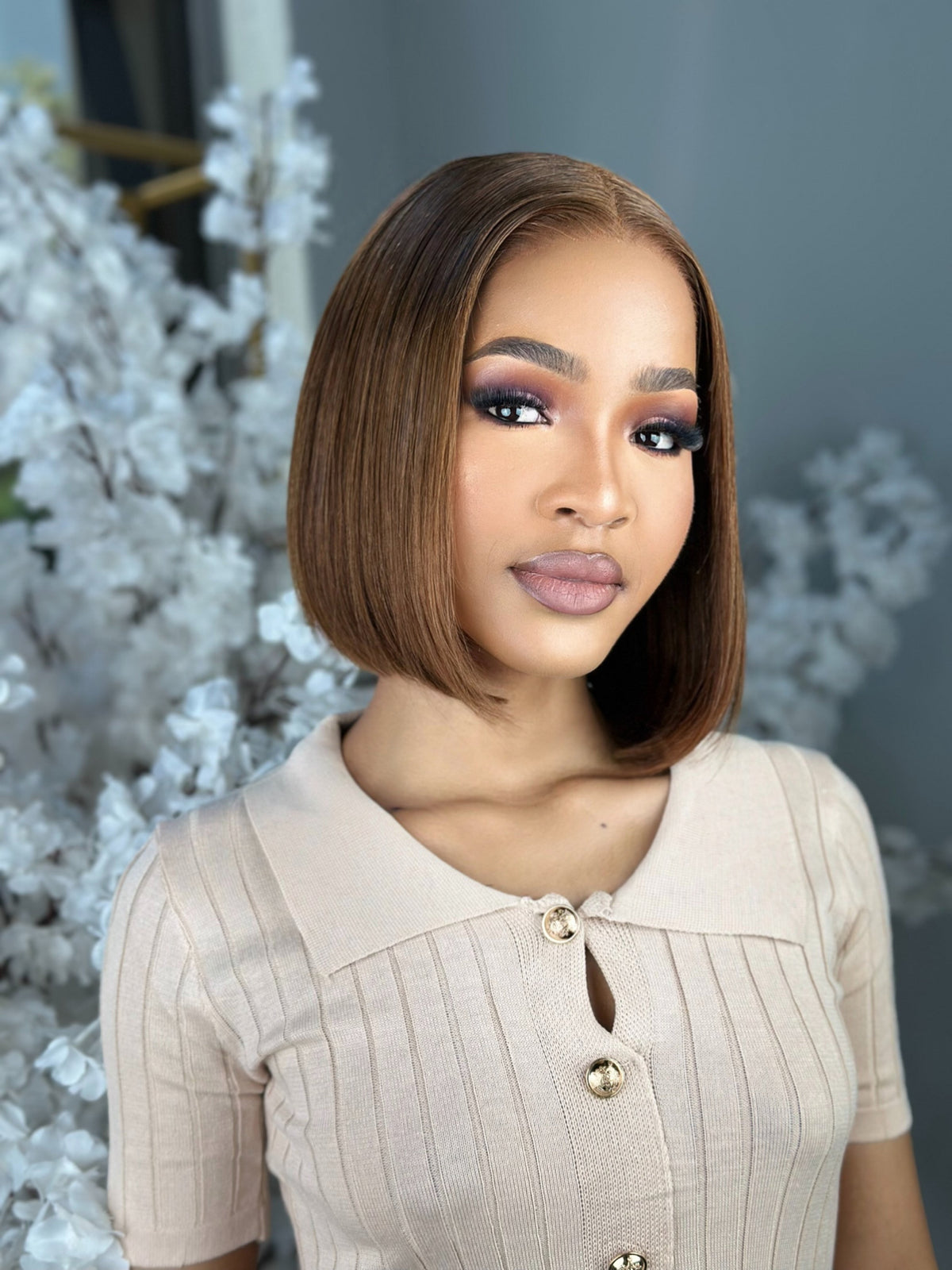 Light Brown Glueless Human Hair Bob Wig Front View 