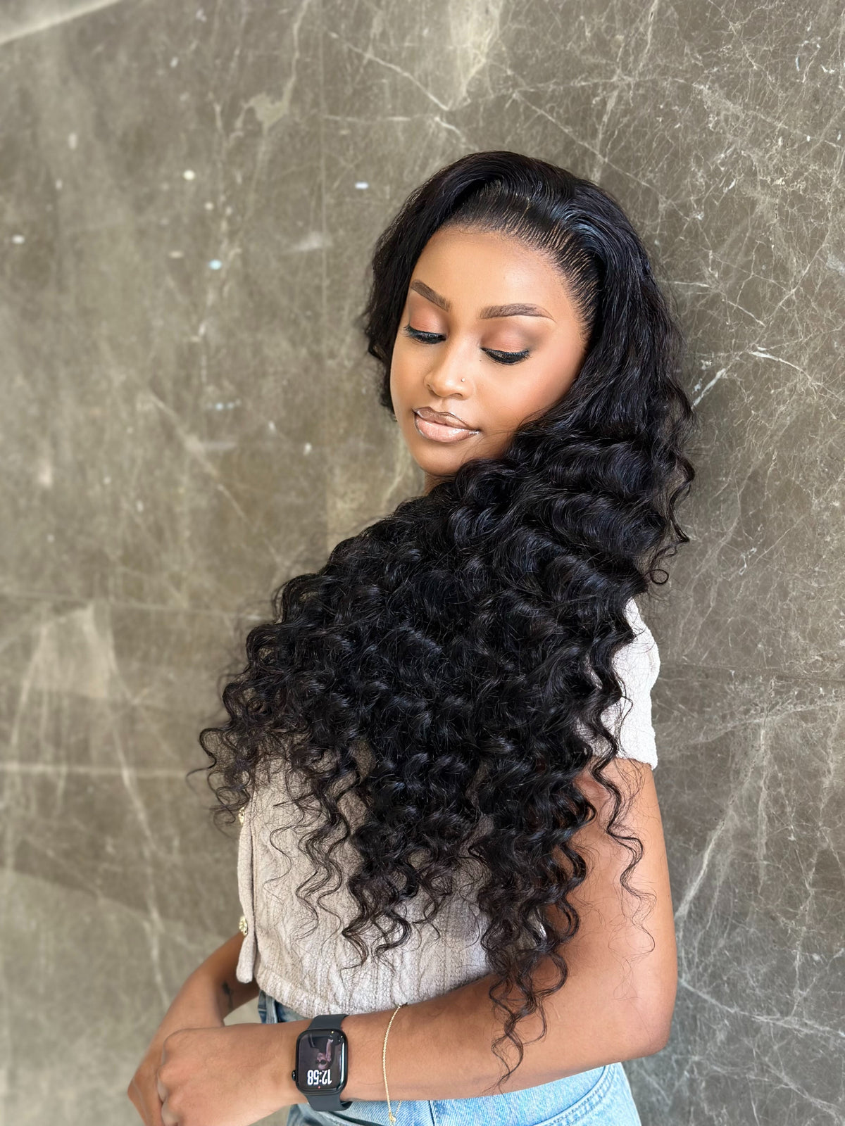28 Inch Loose Deep Wave Full Frontal Human Hair Wig Side View 