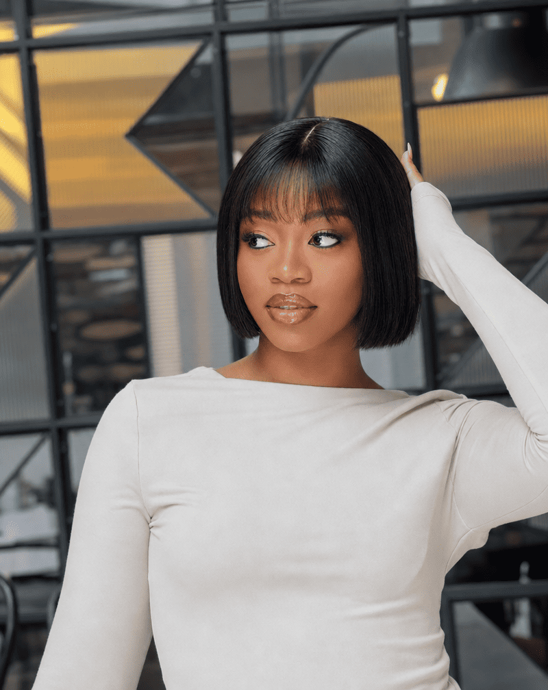 8 Inch Raw Human Hair Bob Wig With Bangs Side View