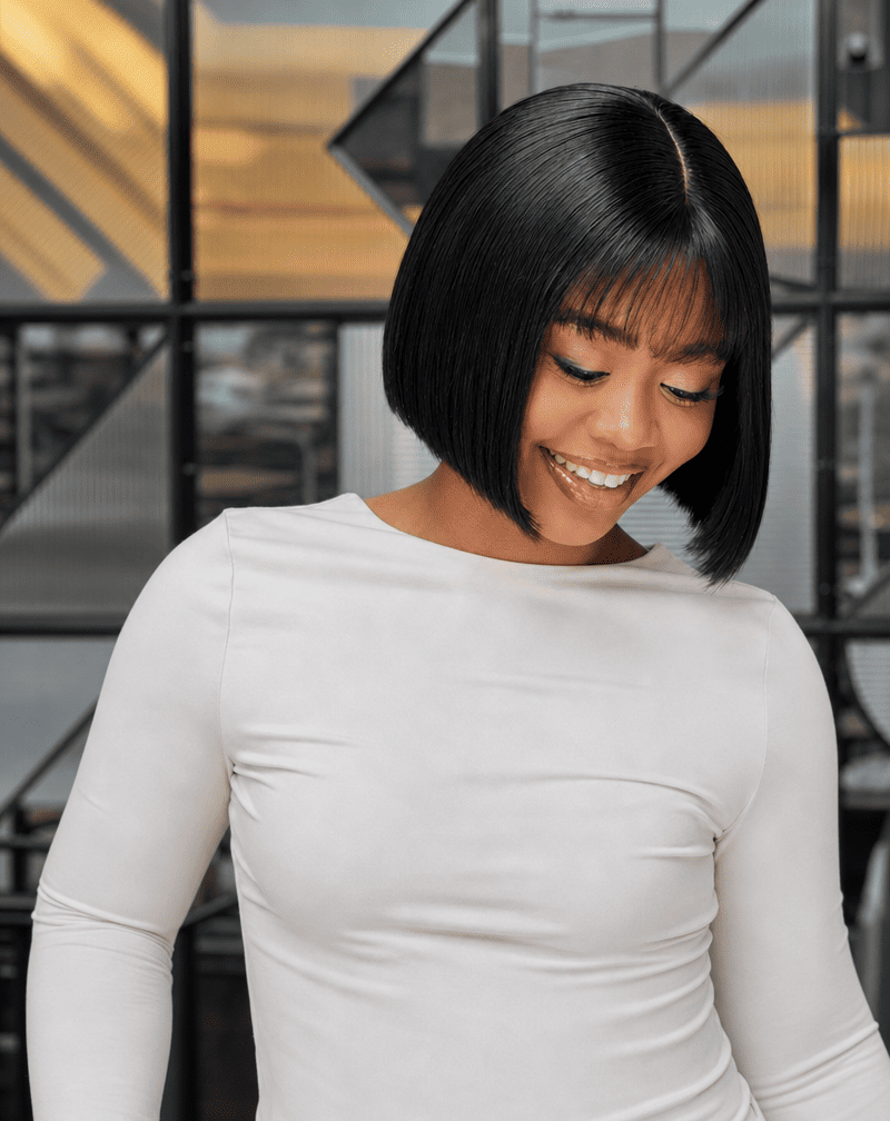 8 Inch Raw Human Hair Bob Wig With Bangs Side View 