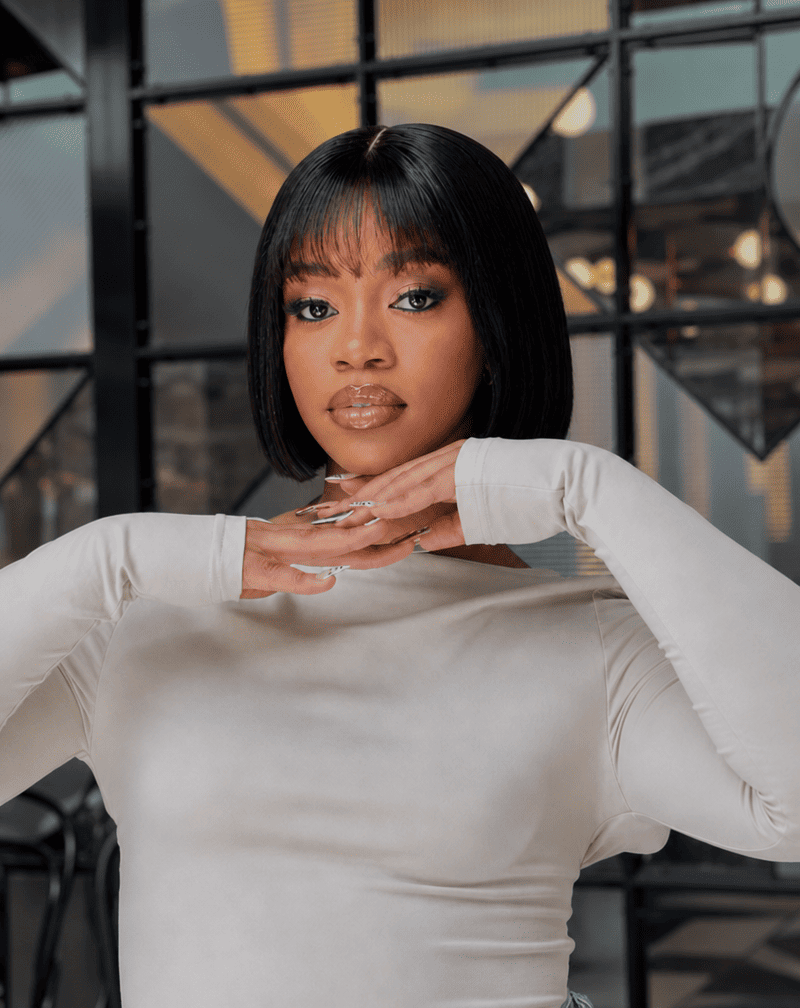 8 Inch Raw Human Hair Bob Wig With Bangs Front View 
