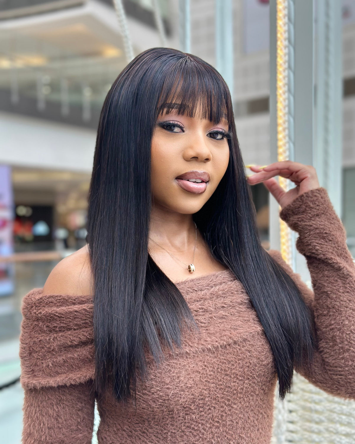 18 Inch Straight Bang Wig With 4X4 Closure Side View 