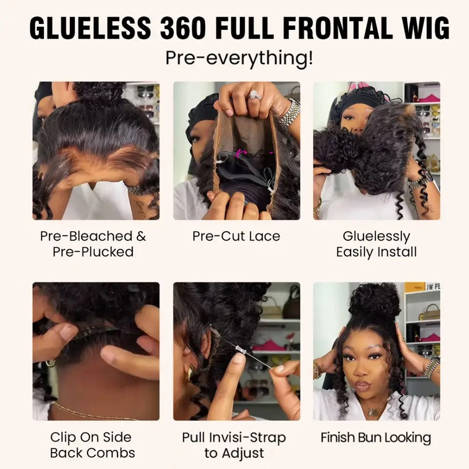 Water wave 360 HD lace glueless  wig with natural hairline Detail View 
