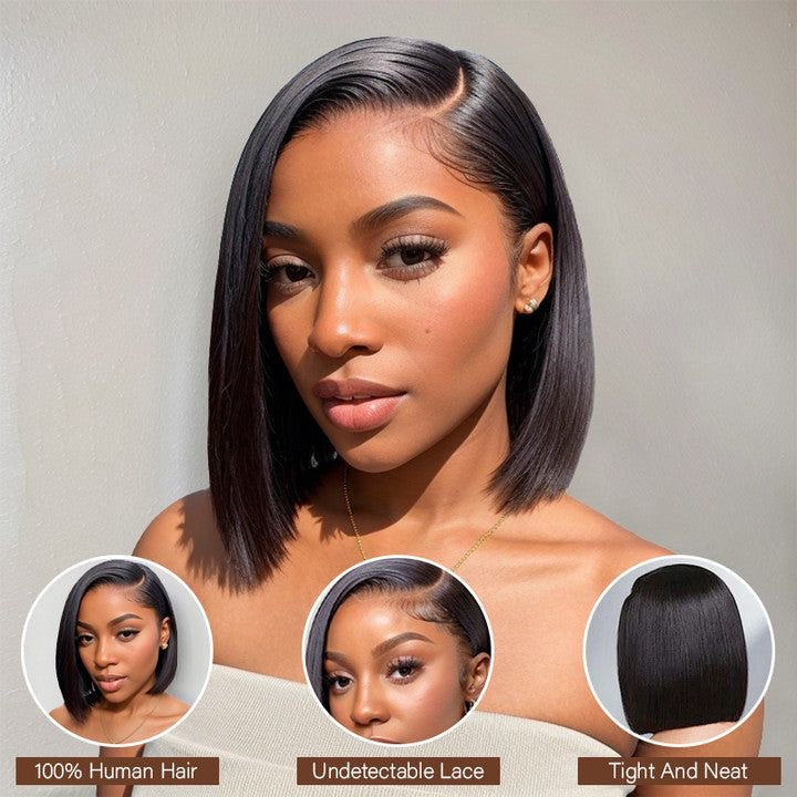 10 inch pre-bleached HD lace frontal human hair bob wig with sleek blunt bob style