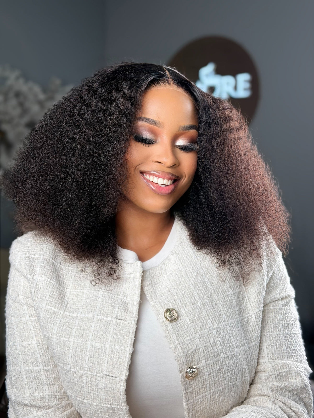 20 Inch Glueless Kinky Curly Human Hair Wig Front View