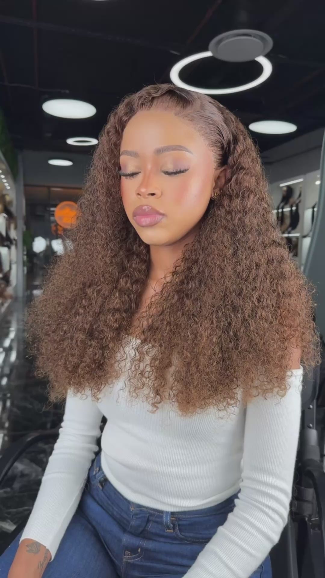 Load video: 26 inch chocolate brown curly frontal human hair wig with water curls Video View 